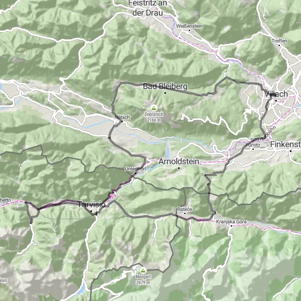 Mapa miniatúra "Cesta cez hory okolo Seebachu" cyklistická inšpirácia v Kärnten, Austria. Vygenerované cyklistickým plánovačom trás Tarmacs.app