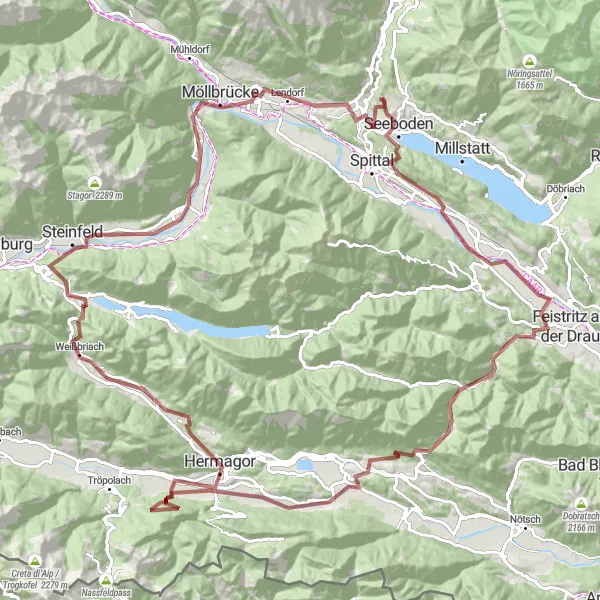 Miniaturekort af cykelinspirationen "Udfordrende grusvejscykelrute i det smukke alpelandskab" i Kärnten, Austria. Genereret af Tarmacs.app cykelruteplanlægger