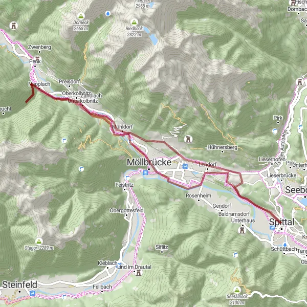 Zemljevid v pomanjšavi "Kolesarska pot ob reki Drau" kolesarske inspiracije v Kärnten, Austria. Generirano z načrtovalcem kolesarskih poti Tarmacs.app