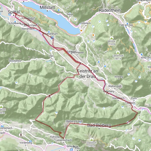 Zemljevid v pomanjšavi "Gorski kolesarski izziv okoli Spittala an der Drau" kolesarske inspiracije v Kärnten, Austria. Generirano z načrtovalcem kolesarskih poti Tarmacs.app