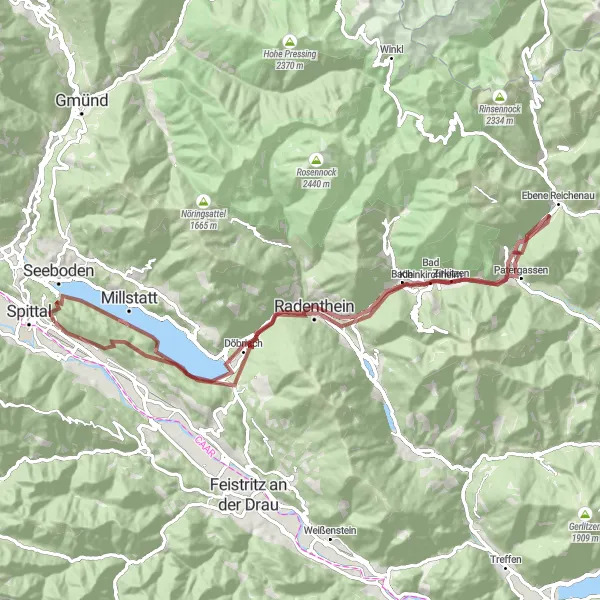 Miniaturekort af cykelinspirationen "Rute omkring Millstätter See" i Kärnten, Austria. Genereret af Tarmacs.app cykelruteplanlægger