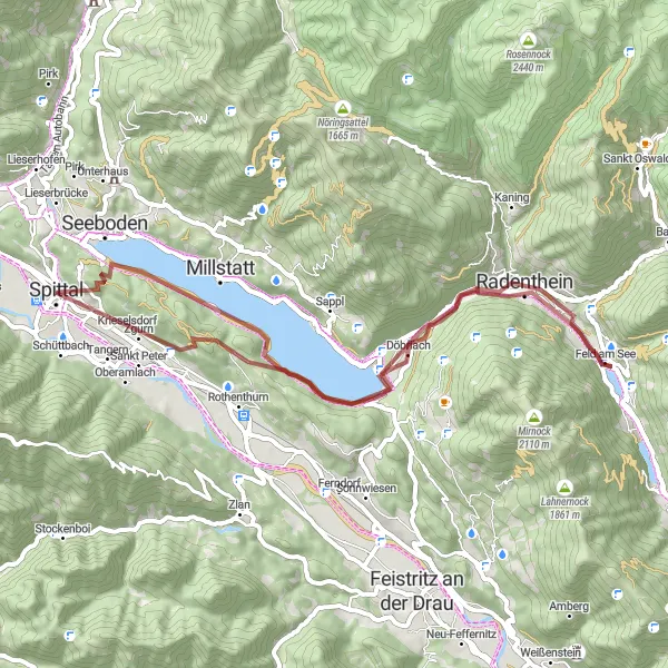 Map miniature of "Lake Millstatt and Lug-ins-Land Gravel Route" cycling inspiration in Kärnten, Austria. Generated by Tarmacs.app cycling route planner