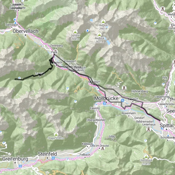 Miniatura della mappa di ispirazione al ciclismo "Il Giro dei Castelli Medievali" nella regione di Kärnten, Austria. Generata da Tarmacs.app, pianificatore di rotte ciclistiche