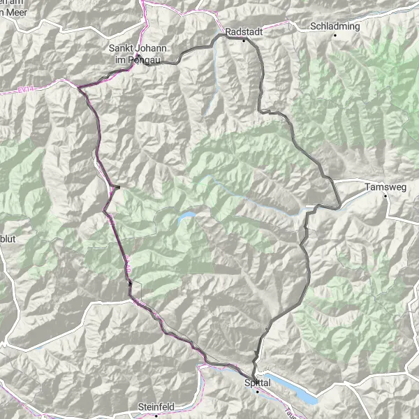 Miniature de la carte de l'inspiration cycliste "Tour du Carinthie" dans la Kärnten, Austria. Générée par le planificateur d'itinéraire cycliste Tarmacs.app