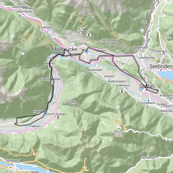 Miniaturekort af cykelinspirationen "Slotte og historiske steder i Kärnten" i Kärnten, Austria. Genereret af Tarmacs.app cykelruteplanlægger