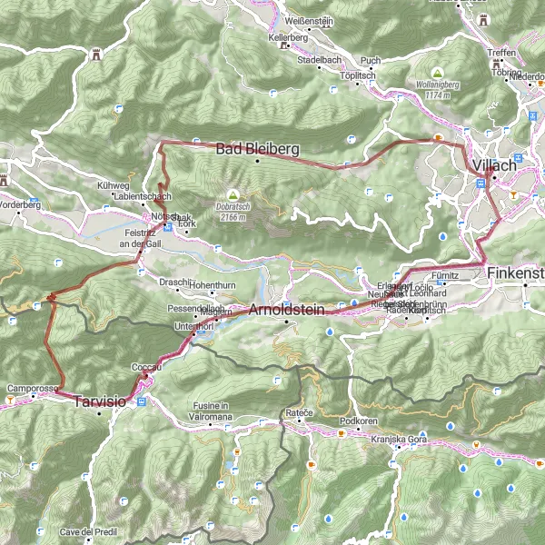 Miniatua del mapa de inspiración ciclista "Circuito en Grava a Tarvisio y Bad Bleiberg" en Kärnten, Austria. Generado por Tarmacs.app planificador de rutas ciclistas