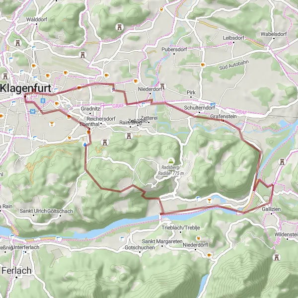 Miniatua del mapa de inspiración ciclista "Ruta de Grava de Grafenstein" en Kärnten, Austria. Generado por Tarmacs.app planificador de rutas ciclistas