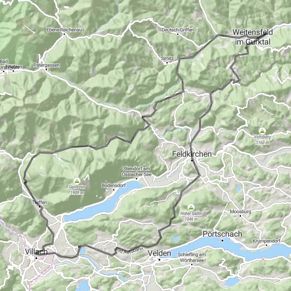 Mapa miniatúra "Cyklotrasa s historickými pamiatkami a prírodnými krásami" cyklistická inšpirácia v Kärnten, Austria. Vygenerované cyklistickým plánovačom trás Tarmacs.app