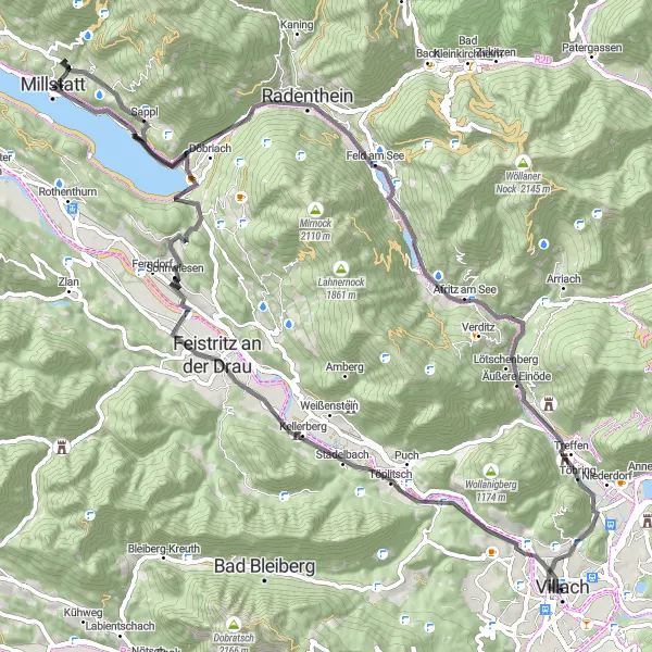 Miniatua del mapa de inspiración ciclista "Ruta por carretera a Lind y Oswaldiberg" en Kärnten, Austria. Generado por Tarmacs.app planificador de rutas ciclistas