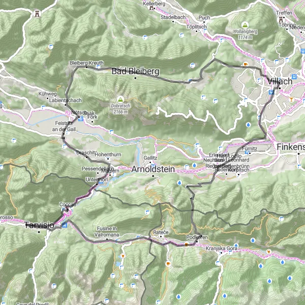 Miniature de la carte de l'inspiration cycliste "Tour de Graschelitzen et Mittagsnock" dans la Kärnten, Austria. Générée par le planificateur d'itinéraire cycliste Tarmacs.app