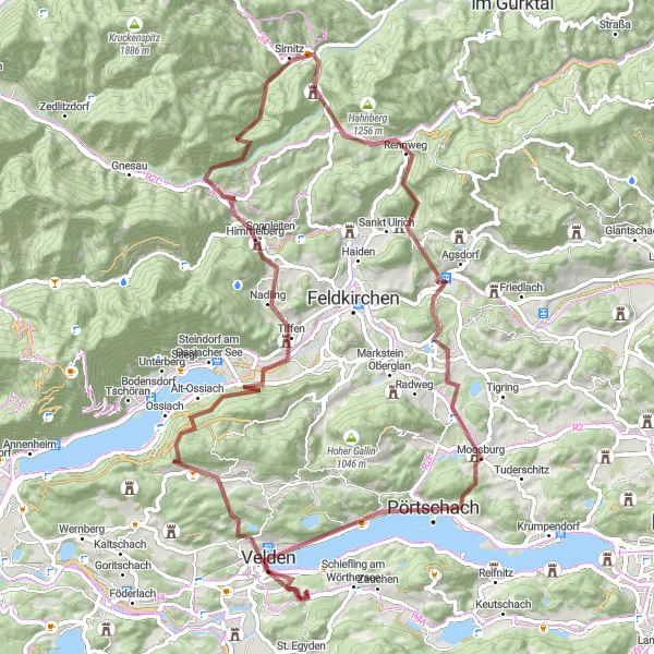Miniaturekort af cykelinspirationen "Grusvejscykelrute fra Velden am Wörthersee" i Kärnten, Austria. Genereret af Tarmacs.app cykelruteplanlægger