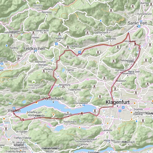 Miniatura della mappa di ispirazione al ciclismo "Cicloturismo in Gravel vicino a Velden" nella regione di Kärnten, Austria. Generata da Tarmacs.app, pianificatore di rotte ciclistiche