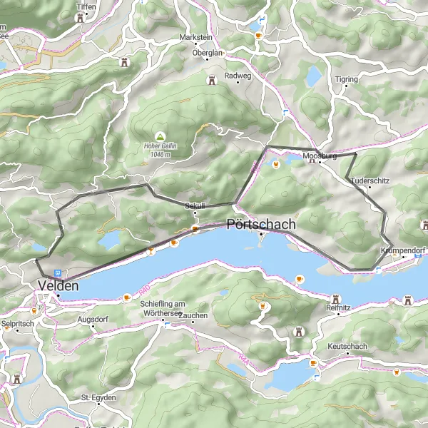 Zemljevid v pomanjšavi "Ogledi ob jezeru Wörthersee" kolesarske inspiracije v Kärnten, Austria. Generirano z načrtovalcem kolesarskih poti Tarmacs.app