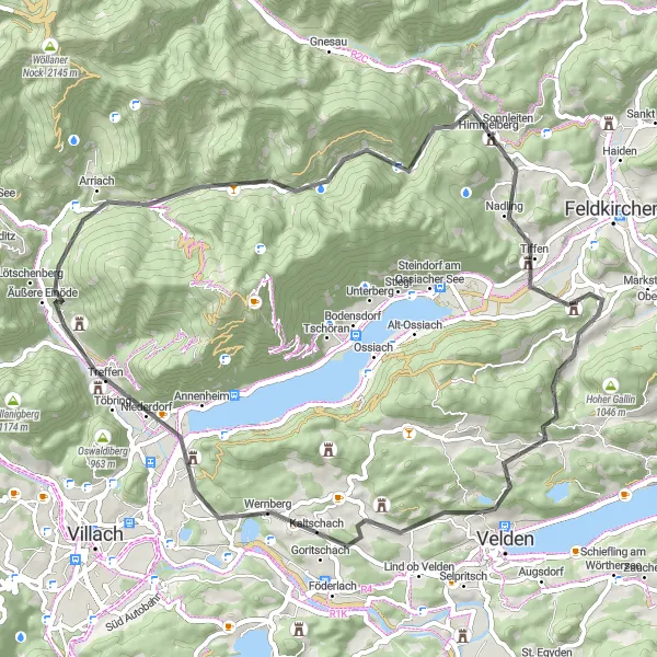 Miniatua del mapa de inspiración ciclista "Ruta escénica a través de valles y colinas cerca de Velden" en Kärnten, Austria. Generado por Tarmacs.app planificador de rutas ciclistas