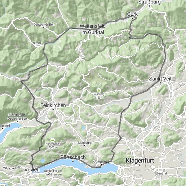 Miniatura della mappa di ispirazione al ciclismo "Avventure tra Velden e Schloss Leonstain" nella regione di Kärnten, Austria. Generata da Tarmacs.app, pianificatore di rotte ciclistiche