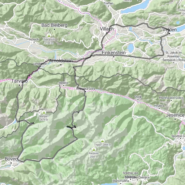 Miniatura della mappa di ispirazione al ciclismo "Cicloturismo in giro intorno a Velden" nella regione di Kärnten, Austria. Generata da Tarmacs.app, pianificatore di rotte ciclistiche