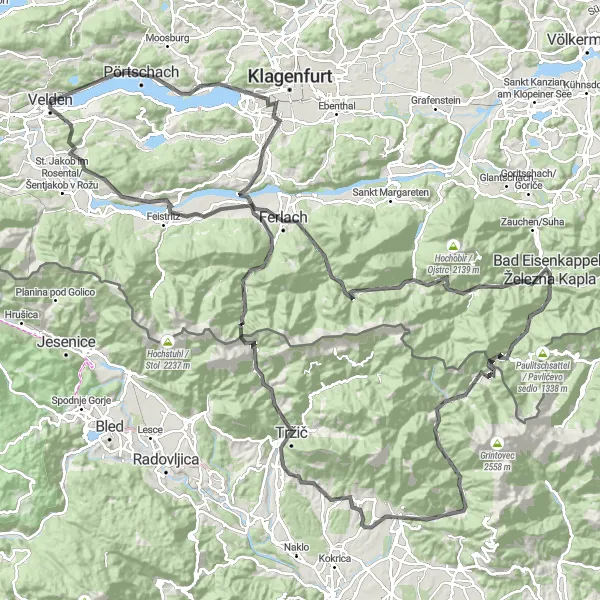 Mapa miniatúra "Velden-Hohe Gloriette-Zell-Pfarre-Seebergsattel-Zgornje Jezersko-Tržič-Tschaukofall-Velden" cyklistická inšpirácia v Kärnten, Austria. Vygenerované cyklistickým plánovačom trás Tarmacs.app