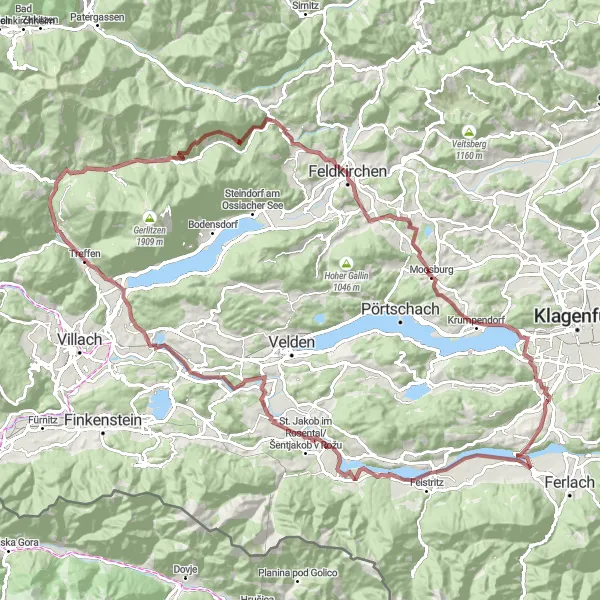 Zemljevid v pomanjšavi "Ekstremna izziva v ospredju - najtežja gravel pot na trasi" kolesarske inspiracije v Kärnten, Austria. Generirano z načrtovalcem kolesarskih poti Tarmacs.app