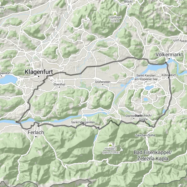 Miniatura della mappa di ispirazione al ciclismo "Road Cycling to Wildensteiner Wasserfall" nella regione di Kärnten, Austria. Generata da Tarmacs.app, pianificatore di rotte ciclistiche