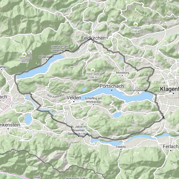 Miniatua del mapa de inspiración ciclista "Cicloturismo en Köttmannsdorf a Kopperfelsen" en Kärnten, Austria. Generado por Tarmacs.app planificador de rutas ciclistas