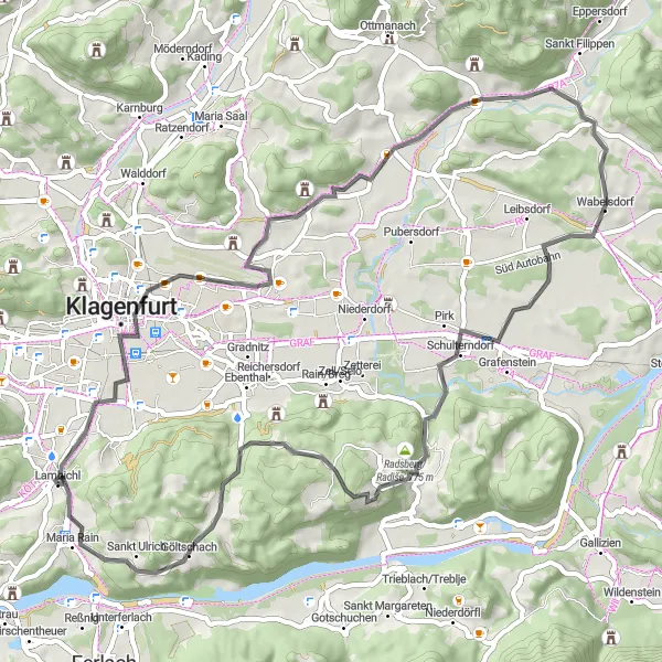 Miniatua del mapa de inspiración ciclista "Ruta en ruta de Klagenfurt a Maria Rain" en Kärnten, Austria. Generado por Tarmacs.app planificador de rutas ciclistas
