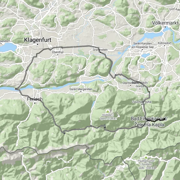 Map miniature of "The Grafenstein Road Circuit" cycling inspiration in Kärnten, Austria. Generated by Tarmacs.app cycling route planner