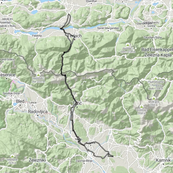 Kartminiatyr av "Vei Sykkeltur til Maria Rain" sykkelinspirasjon i Kärnten, Austria. Generert av Tarmacs.app sykkelrutoplanlegger