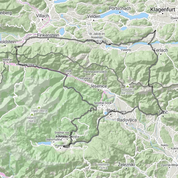 Miniature de la carte de l'inspiration cycliste "Le Défi des Alpes Orientales en Vélo de Route" dans la Kärnten, Austria. Générée par le planificateur d'itinéraire cycliste Tarmacs.app