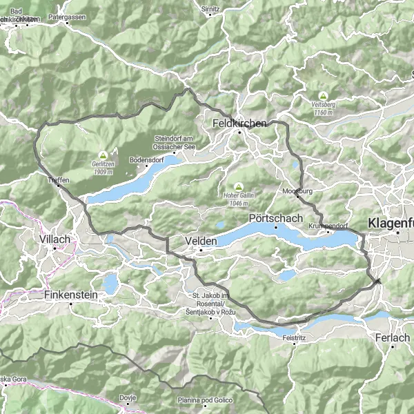 Kartminiatyr av "Viktring og omegn på landevejen" sykkelinspirasjon i Kärnten, Austria. Generert av Tarmacs.app sykkelrutoplanlegger