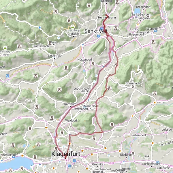 Miniaturní mapa "Gravelový okruh přes Schloss Hunnenbrun a Maria Saal" inspirace pro cyklisty v oblasti Kärnten, Austria. Vytvořeno pomocí plánovače tras Tarmacs.app