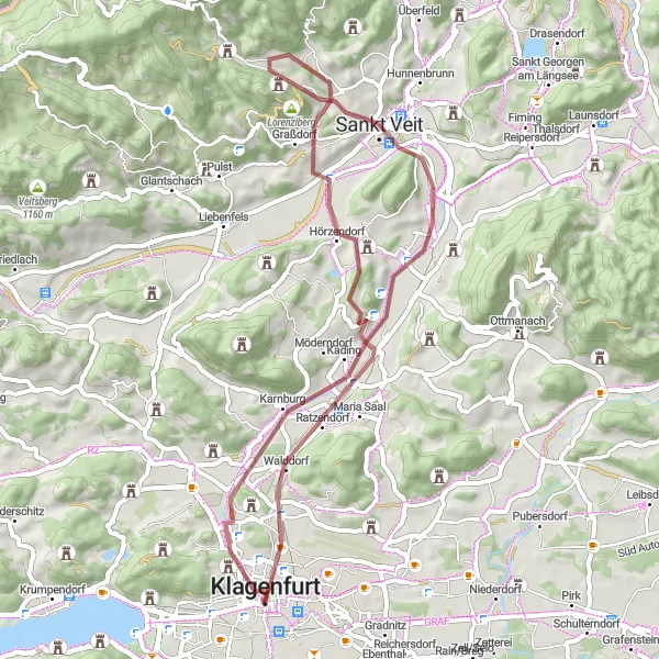 Miniaturní mapa "Gravelový okruh přes Lorenzi a Sankt Veit" inspirace pro cyklisty v oblasti Kärnten, Austria. Vytvořeno pomocí plánovače tras Tarmacs.app