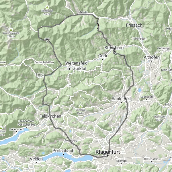 Miniature de la carte de l'inspiration cycliste "Tour Historique des Villages de Carinthie" dans la Kärnten, Austria. Générée par le planificateur d'itinéraire cycliste Tarmacs.app