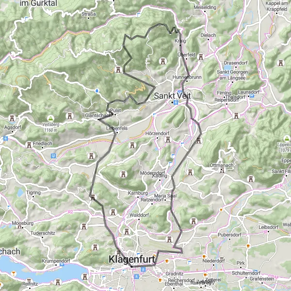 Miniatua del mapa de inspiración ciclista "Ruta del Castillo Maria Saal" en Kärnten, Austria. Generado por Tarmacs.app planificador de rutas ciclistas