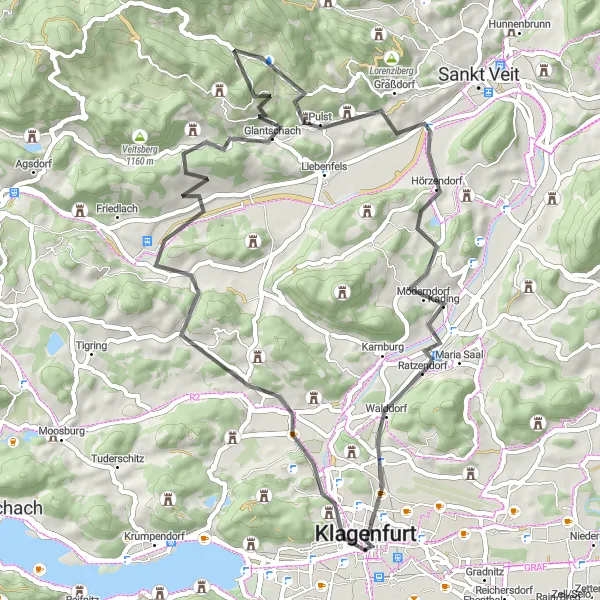 Kartminiatyr av "Historisk Landevei rundt Karawankenblick" sykkelinspirasjon i Kärnten, Austria. Generert av Tarmacs.app sykkelrutoplanlegger
