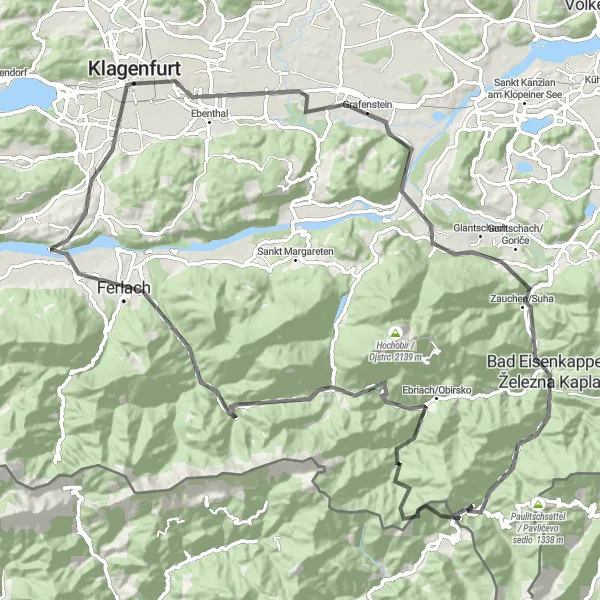 Miniatura della mappa di ispirazione al ciclismo "Avventura su strada tra Grafenstein e Ferlach" nella regione di Kärnten, Austria. Generata da Tarmacs.app, pianificatore di rotte ciclistiche