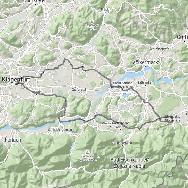 Kartminiatyr av "Landevei Utforsking fra Viktringer Vorstadt" sykkelinspirasjon i Kärnten, Austria. Generert av Tarmacs.app sykkelrutoplanlegger
