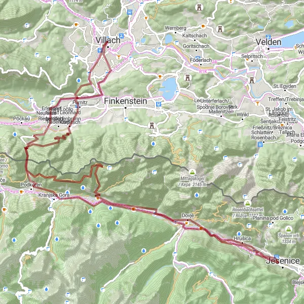 Mapa miniatúra "Gravel Tour from Villach" cyklistická inšpirácia v Kärnten, Austria. Vygenerované cyklistickým plánovačom trás Tarmacs.app
