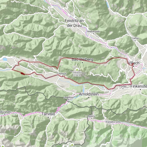 Mapa miniatúra "Gravel Cycling Adventure by Villach" cyklistická inšpirácia v Kärnten, Austria. Vygenerované cyklistickým plánovačom trás Tarmacs.app