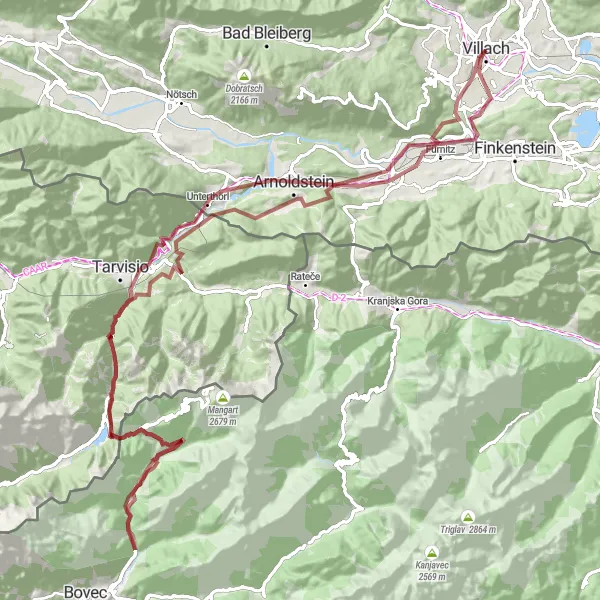 Miniatuurkaart van de fietsinspiratie "Avontuurlijke Tocht door de Bergen van Villach" in Kärnten, Austria. Gemaakt door de Tarmacs.app fietsrouteplanner