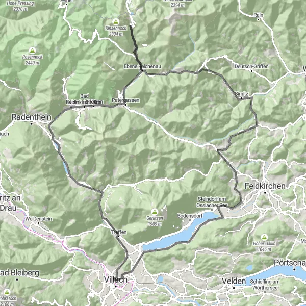 Miniatura della mappa di ispirazione al ciclismo "Giro panoramico tra Oswaldiberg e Jungfernsprung" nella regione di Kärnten, Austria. Generata da Tarmacs.app, pianificatore di rotte ciclistiche