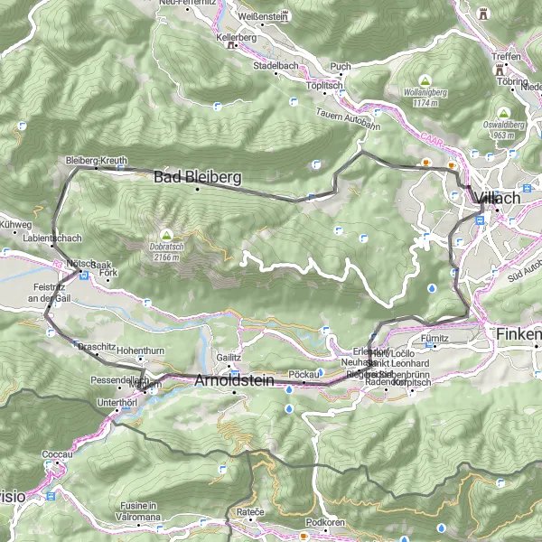 Miniature de la carte de l'inspiration cycliste "Villach - Arnoldstein - Mittagsnock loop" dans la Kärnten, Austria. Générée par le planificateur d'itinéraire cycliste Tarmacs.app