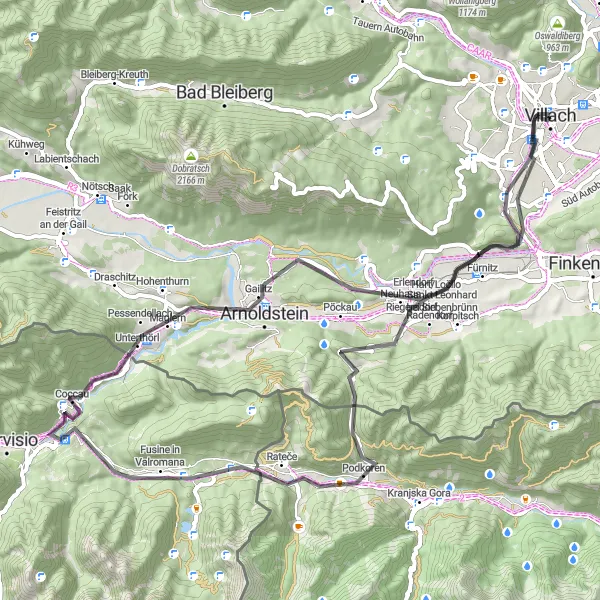 Kartminiatyr av "Berget och Bergsälgen" cykelinspiration i Kärnten, Austria. Genererad av Tarmacs.app cykelruttplanerare
