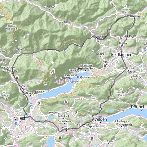 Miniatua del mapa de inspiración ciclista "Ruta por carretera a través de Oswaldiberg y Burgruine Prägrad" en Kärnten, Austria. Generado por Tarmacs.app planificador de rutas ciclistas