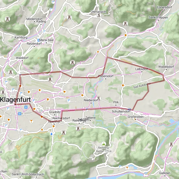 Zemljevid v pomanjšavi "Gravel avantura okoli Villacher Vorstadt" kolesarske inspiracije v Kärnten, Austria. Generirano z načrtovalcem kolesarskih poti Tarmacs.app