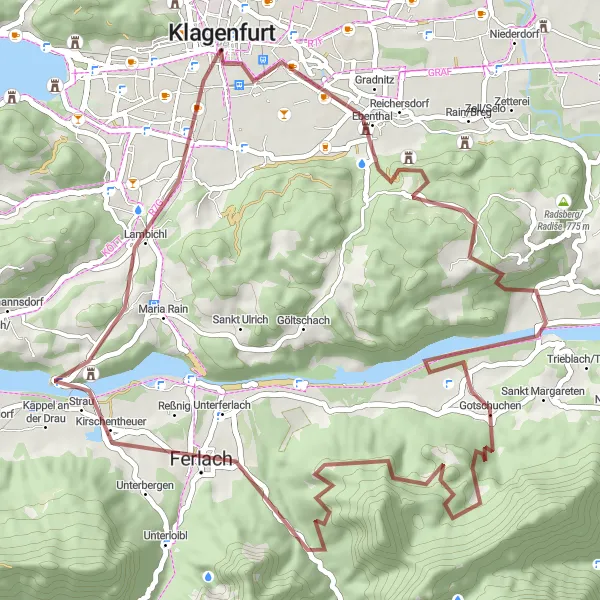 Miniatuurkaart van de fietsinspiratie "Avontuurlijke graveltocht naar Klagenfurt" in Kärnten, Austria. Gemaakt door de Tarmacs.app fietsrouteplanner