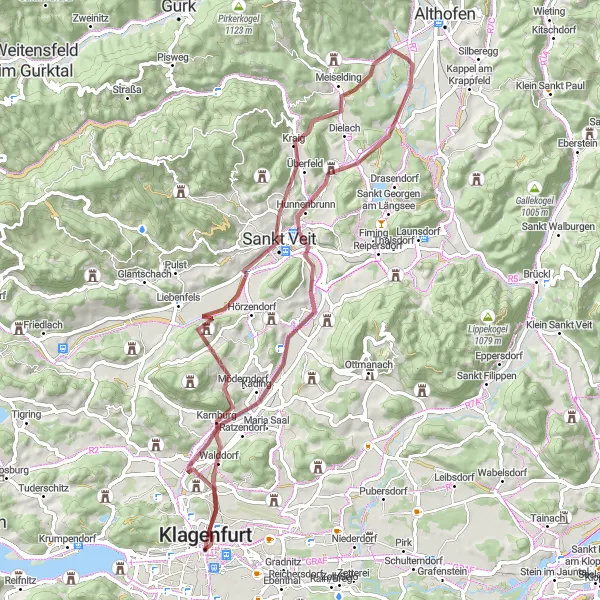 Miniatuurkaart van de fietsinspiratie "Panoramische route naar Klagenfurt" in Kärnten, Austria. Gemaakt door de Tarmacs.app fietsrouteplanner