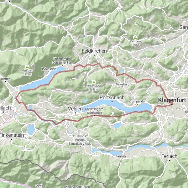 Mapa miniatúra "Gravel Štartujúci z Villacher Vorstadt" cyklistická inšpirácia v Kärnten, Austria. Vygenerované cyklistickým plánovačom trás Tarmacs.app