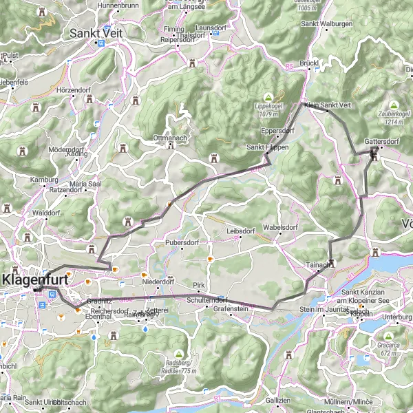 Zemljevid v pomanjšavi "Kolesarska tura okoli Villacher Vorstadt" kolesarske inspiracije v Kärnten, Austria. Generirano z načrtovalcem kolesarskih poti Tarmacs.app