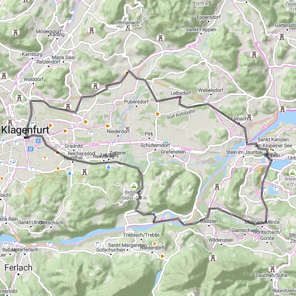 Miniature de la carte de l'inspiration cycliste "Sur les traces du passé carinthien" dans la Kärnten, Austria. Générée par le planificateur d'itinéraire cycliste Tarmacs.app