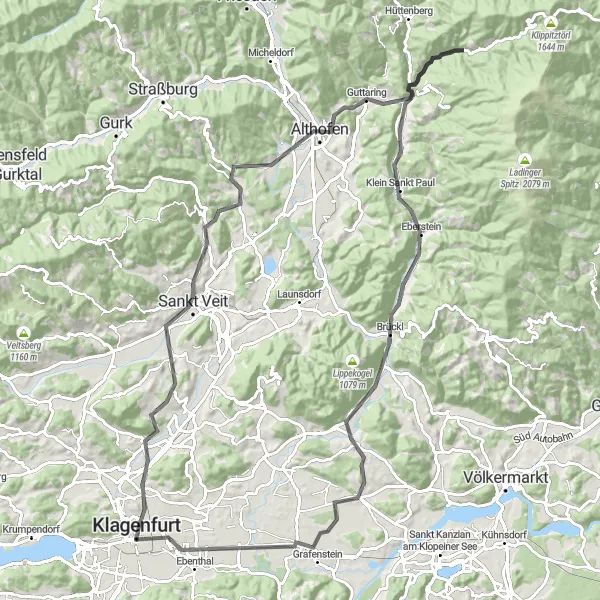 Zemljevid v pomanjšavi "Villacher Vorstadt - Klagenfurt Circuit" kolesarske inspiracije v Kärnten, Austria. Generirano z načrtovalcem kolesarskih poti Tarmacs.app